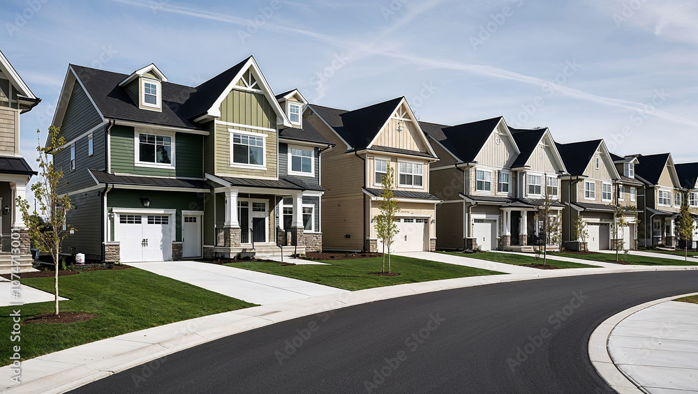 Symmetrical suburban neighborhood with modern identical houses Symmetrical suburban neighborhood with modern identical houses