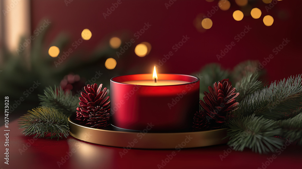 Elegant gold and red Christmas table decoration with dim light candles Elegant gold and red Christmas table decoration with dim light candles