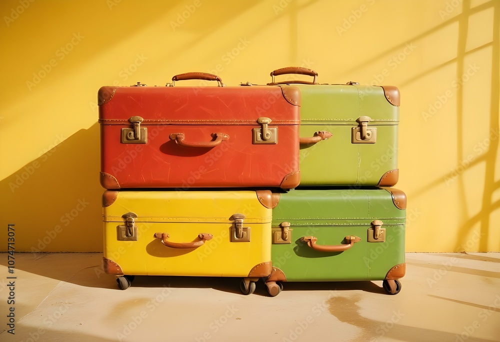 Three colorful suitcases on wheels against a bright yellow,white,purple background for train airporte treveling turkey treveling Three colorful suitcases on wheels against a bright yellow,white,purple background for train airporte treveling turkey treveling