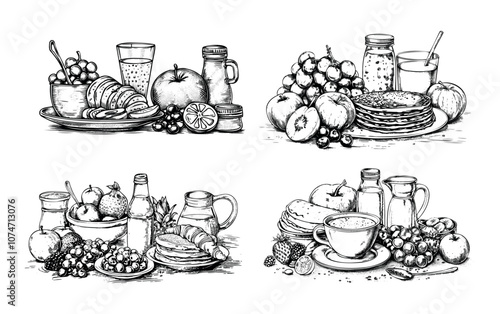 Healthy breakfast black ink sketch vector set. Pancakes tea coffee pot plate cereals apple grapes lemon berries fruit croissants juice milk bottle beverages, isolated illustrations on white