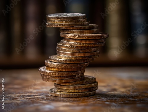 Stacked coins forming a staircase, illustrating the stepbystep approach to wealth, close up, investment growth theme, surreal, blend mode, bookshelf backdrop photo