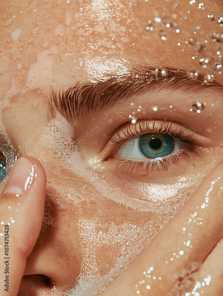 Fototapeta premium portrait of a woman wash her face with fresh water