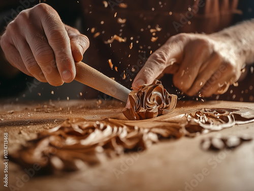 Hands carving a design into wood photo