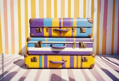 Three colorful suitcases on wheels against a bright yellow,white,purple background for train airporte treveling turkey treveling photo