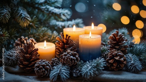 Christmas scene with a lit candle in a decorative holder