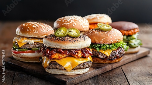 Mouth watering display of an assortment of colorful and appetizing burgers including spicy chicken BBQ beef and veggie options each with unique toppings like jalapeos cheddar cheese and pickles photo