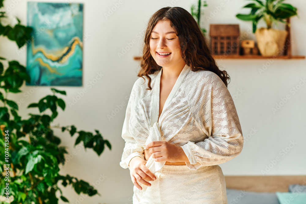 A cheerful plus size woman smiles brightly while standing in her cozy living space. A cheerful plus size woman smiles brightly while standing in her cozy living space.