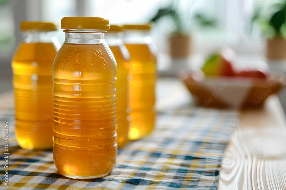 Selective focus of bottle of apple juice and baby food in jars with ingredients on tablecloth on Selective focus of bottle of apple juice and baby food in jars with ingredients on tablecloth on