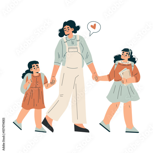 Young Woman with Daughter Holding Hands Walking to School Vector Illustration