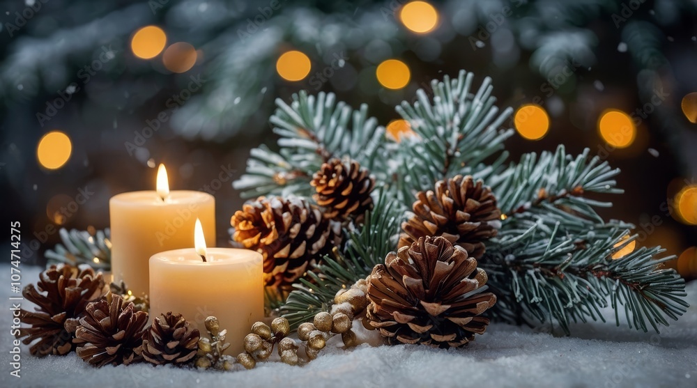 Christmas scene with a lit candle in a decorative holder Christmas scene with a lit candle in a decorative holder