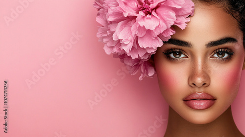 Beautiful young hispanic latina woman with flowers and petals on her face. Beauty parlor horizontal banner concept, copyspace  Pink background.	