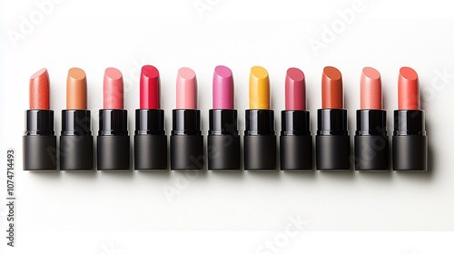 Close up photograph of an arrangement of lipstick tubes in a pyramid shape with warm lighting casting subtle shadows that highlight the vivid color contrast and elegant photo