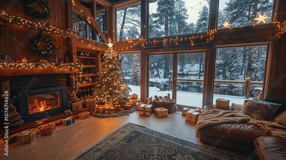 Fototapeta premium The cozy castle with second floor and interior spacious space with windows. On the second floor there is a bed room, The small pine tree is decorated with string lights with a star on top of the tree.