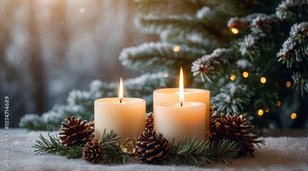 Christmas scene with a lit candle in a decorative holder Christmas scene with a lit candle in a decorative holder