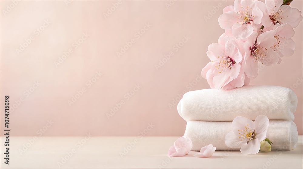 Elegant Spa Setting with Fresh Blossoms and Soft White Towels on Pastel Background Elegant Spa Setting with Fresh Blossoms and Soft White Towels on Pastel Background