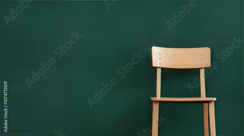 Empty Wooden Chair Against Green Chalkboard - Minimalist Classroom Composition