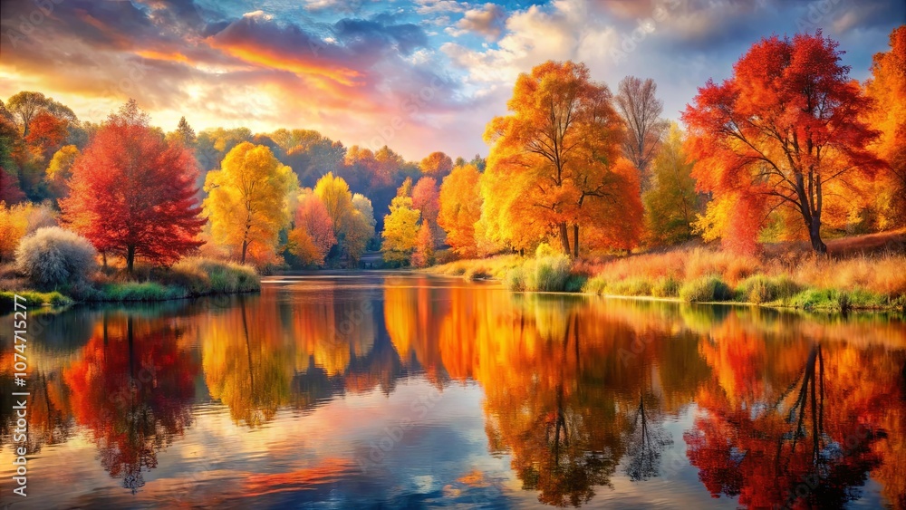 Autumnal Reflection in Still Waters, with Golden and Red Tree Foliage Mirroring the Colors of the Sky