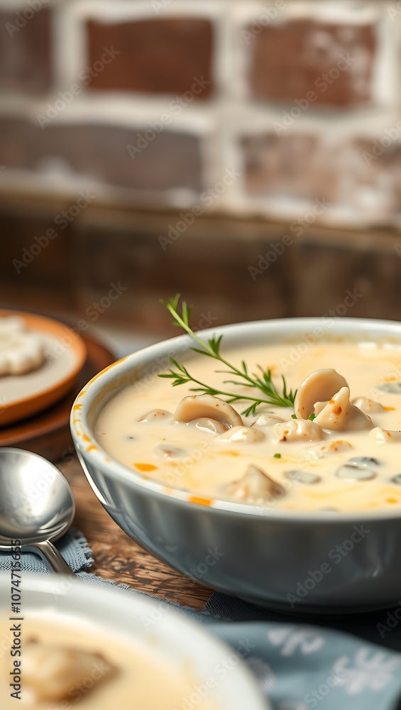 A bowl of creamy Clam Chowder with chunks of potatoes and herbs A bowl of creamy Clam Chowder with chunks of potatoes and herbs