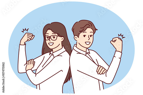 Business man and woman with smile demonstrate biceps for concept of professionalism and cool skills. Professional managers are ready to get to work and raise income of business or large company