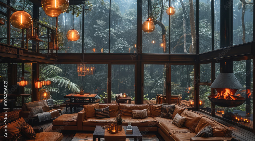 Naklejka premium A cozy cabin in the rainforest, with large window overlooking misty trees and an open-air living room filled, warm lights hanging from the ceiling, and a fireplace burning wood to keep it comfortable.