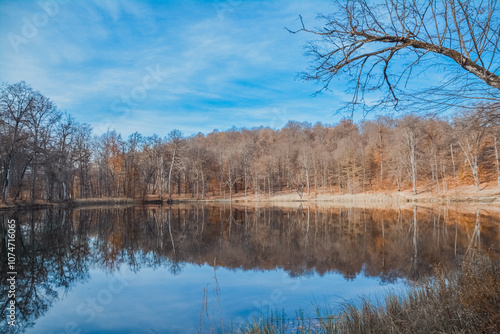 Winter forest and lake. River flows in autumn forest. Lake in forest. Nature landscape print set, wall art