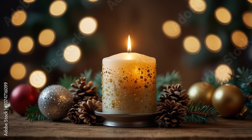 Christmas scene with a lit candle in a decorative holder