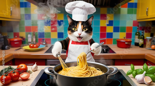 Cat as Chef: A Whimsical Kitchen Scene with Pasta photo