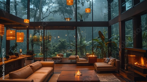 A cozy cabin in the rainforest, with large window overlooking misty trees and an open-air living room filled, warm lights hanging from the ceiling, and a fireplace burning wood to keep it comfortable. photo