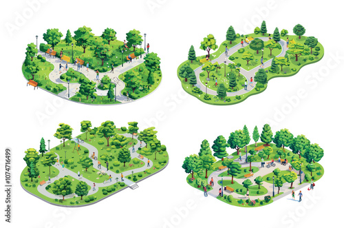 Isometric city parks vector scenes. Walking riding bicycle running people urban gardens, green megapolis eco space family recreation sport activity area, isolated illustrations on white backdrop