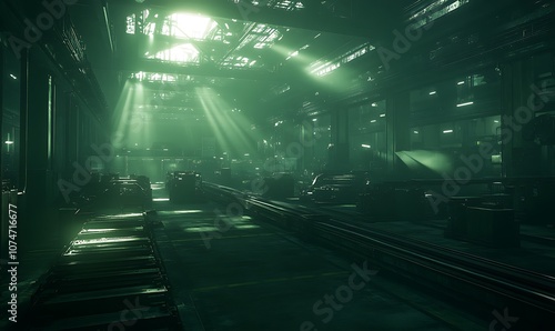 A dimly lit industrial space with beams of light filtering through, creating an atmosphere of mystery and depth.