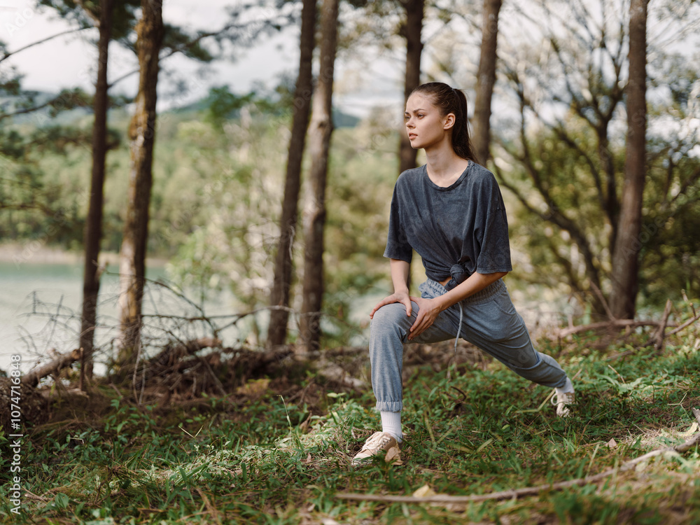 Young woman exercising outdoors in a forest setting, wearing sporty clothing and stretching her legs Fitness and wellness concept in nature Young woman exercising outdoors in a forest setting, wearing sporty clothing and stretching her legs Fitness and wellness concept in nature