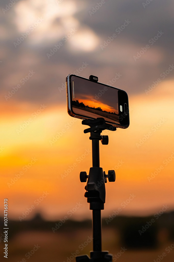 smartphone in tripod capturing a beautiful sunset, landscape position smartphone in tripod capturing a beautiful sunset, landscape position