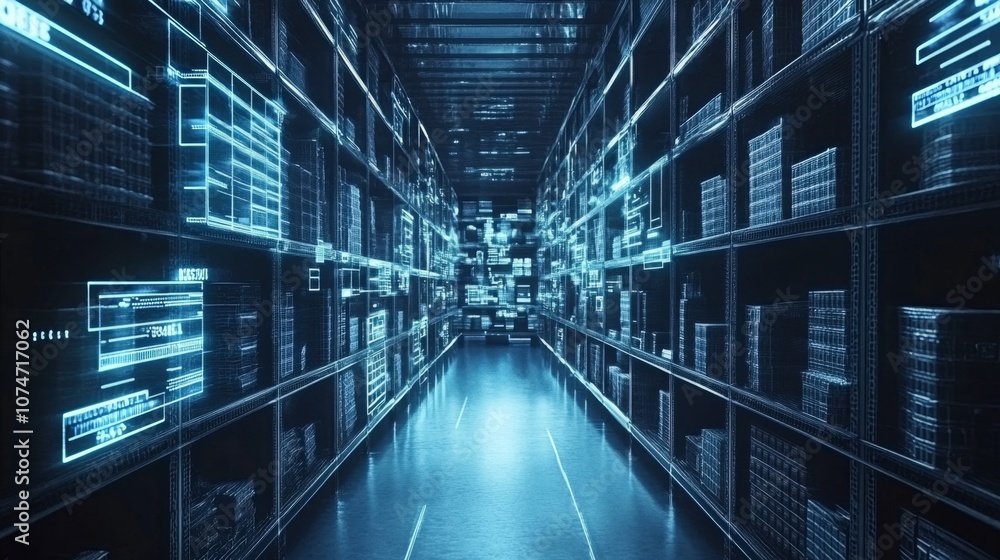Fototapeta premium Inventory replenishment workflow in digital system with barcode scanning optimizing stock levels automated restocking process in organized warehouse setting