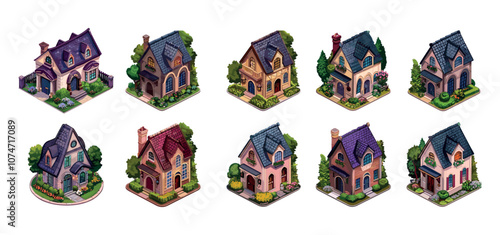 Isometric old houses vector set. Tile roof chimney lawn little bushes garden tiny classic mansions, victorians epoch england style architecture buildings, isolated illustrations on white