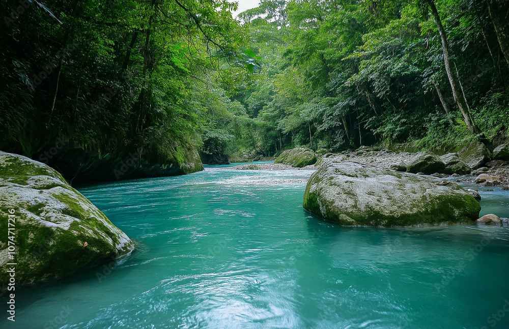 A beautiful river flowing through a lush green forest A beautiful river flowing through a lush green forest