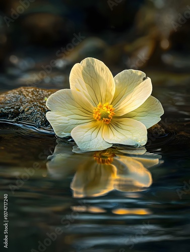 A single white flower with a yellow center rests on a smooth rock in a calm stream, its reflection mirrored in the water.