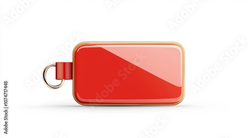 Elegant golden badge or emblem with smooth surface ribbon like red edges and a secure loop for professional branding labeling and certification purposes  isolated on a white background photo