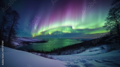 Wallpaper Mural Breathtaking northern lights illuminate a snowy landscape, reflecting beautifully in the calm water below, creating a magical winter scene Torontodigital.ca