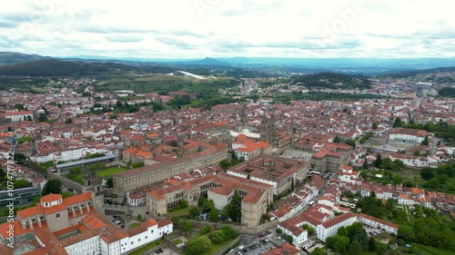 Panoramic aerial view of Santiago de Compostela city. Cathedral of Santiago. The cathedral is the reputed burial place of Saint James the Great, one of the apostles of Jesus Christ. Travel destination