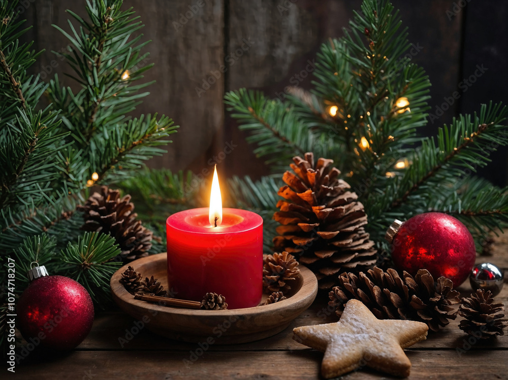 Festive Red Candle with Pinecones and Holiday Decor on Rustic Background Festive Red Candle with Pinecones and Holiday Decor on Rustic Background