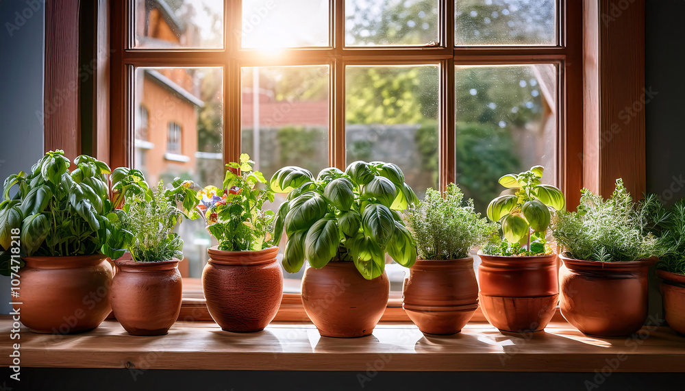 Indoor Windowsill Herb Garden with Rustic Clay Pots Indoor Windowsill Herb Garden with Rustic Clay Pots