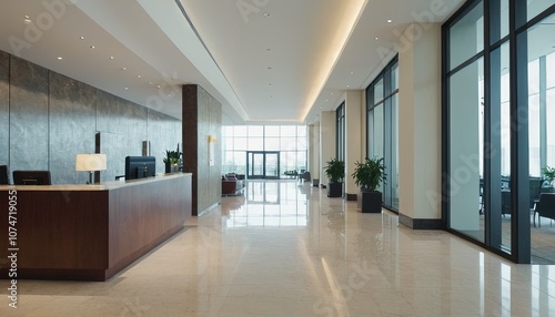 Blurred hotel or office building lobby blur background interior view toward reception hall, modern luxury white room space with blurry corridor and building glass wall window 64 photo