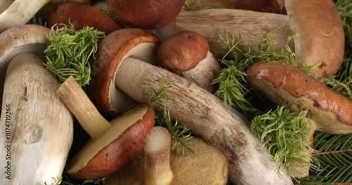 Mushrooms on the background of a christmas tree and moss. Suillus granulatus, leccinum aurantiacum, leccinum scabrum, boletus edulis (king bolete) 
Close-up footage on the rotating table. photo