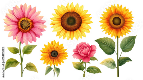 PNG Vivid springtime floral vector set of multicolored daisies and radiant sunflowers isolated on white