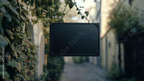 a blank black sign hanging on a metal bracket mockup photo