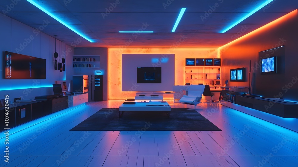 51. A high-tech electronics showroom with sleek displays, ambient lighting, and a spot ready for a product 51. A high-tech electronics showroom with sleek displays, ambient lighting, and a spot ready for a product