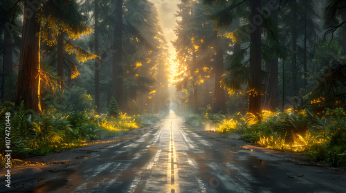 Sunlit forest road with dreamy atmosphere.