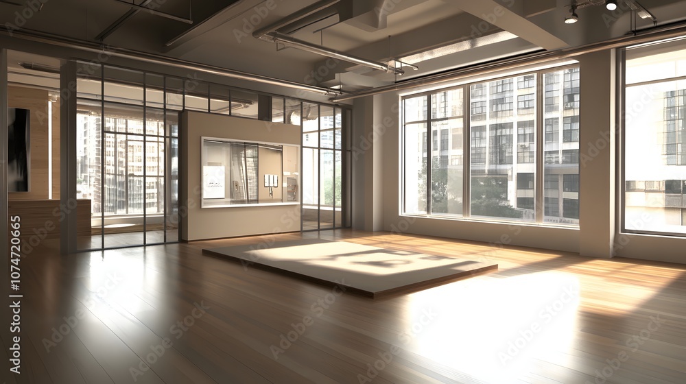 52. A modern urban apartment with neutral tones, a large window, and an empty display area for a product 52. A modern urban apartment with neutral tones, a large window, and an empty display area for a product
