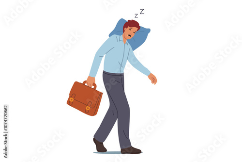Tired business man sleeps on move, putting head on pillow and closing eyes due to extreme exhaustion. Tired manager needs rest to prevent burnout and exhaustion after difficult day at work.