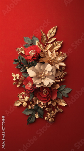 Elegant paper floral arrangement on a rich red background, Vertical wallpaper